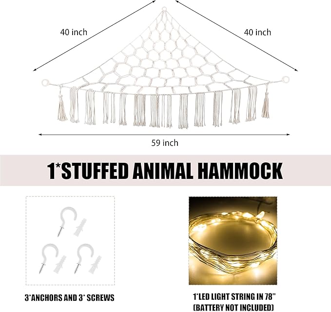 CERETIA Stuffed Animal Hammock with LED Light, Large Stuffed Animals Storage Corner Plushie Net for Kids Room Decor, White