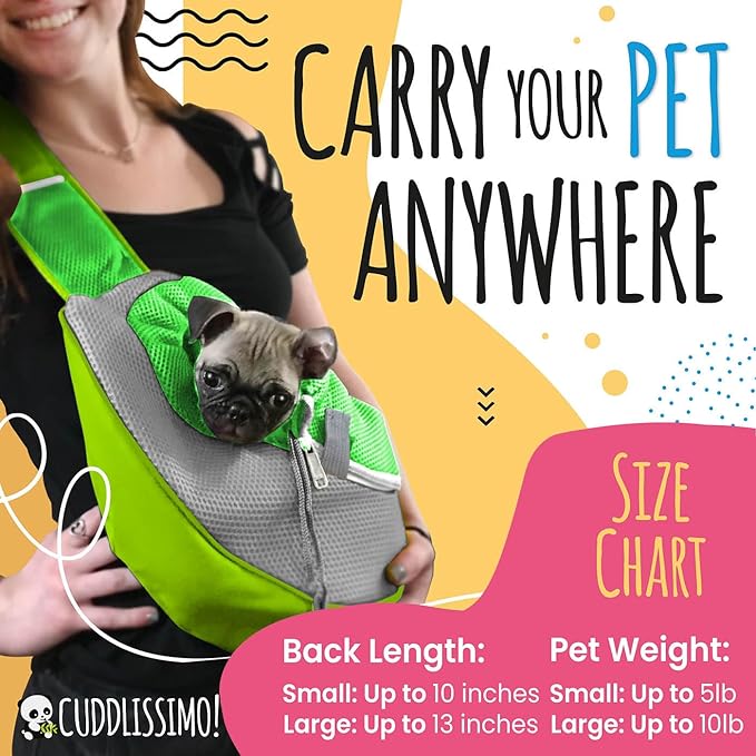 Cuddlissimo! Pet Sling Carrier - Small Dog Puppy Cat Carrying Bag Purse Pouch - For Pooch Doggy Doggie Yorkie Chihuahua Baby Papoose Bjorn -Hiking Travel Front Chest Body Holder Pack To Wear (Green-L)