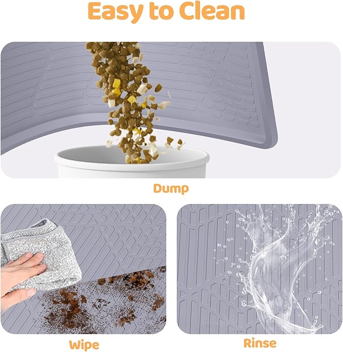 Cat Food Mat with Toy Ball, 34'' x 22'' Extra Large Silicone Pet Feeding Mat with Raised Edge Pet Placemat for Food and Water Bowl Non-Slip, Easy to Clean, Floor Protection (Grey)