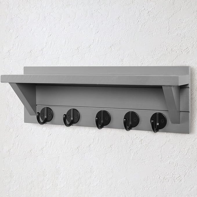 Wall Key Holder with Shelf, Rustic Shelf with Hooks Made of Paulownia Wood Holds Keys, Dog Leash, Bags and More - 13.7" W x 4.7" H x 3.5" D Decorative Key Hanger and Entryway Shelf (Gray)