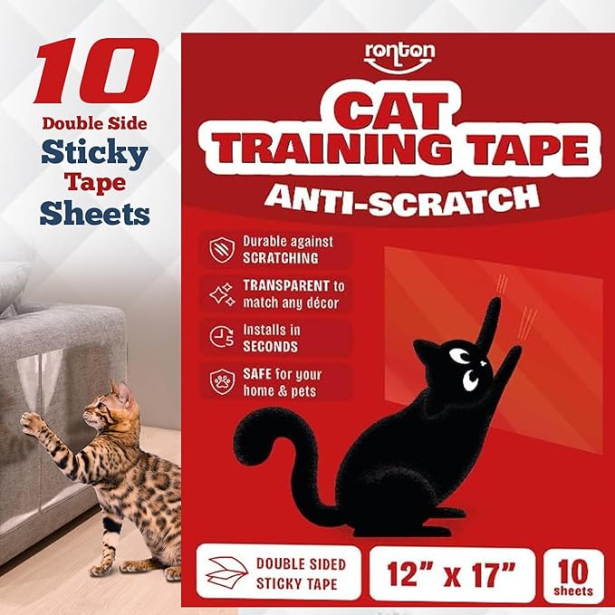 Ronton Cat Scratch Furniture Protector – Double Sided - Anti Cats Scratching Sticky Tape - No-Residue for Couch, Doors & Walls - 10 Sheets - XL 17" L 12" W Furniture Protectors – Clear Training Tape