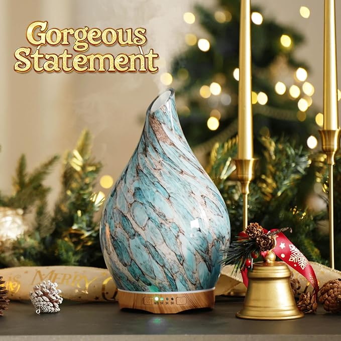 Porseme 280ml Glass Essential Oil Diffuser Aromatherapy Ultrasonic Cool Mist Humidifier 7 Running Hours Waterless Auto-Off Air Diffusers for Sleeping, Yoga, Office Working, Spa and Rest (Light Blue)