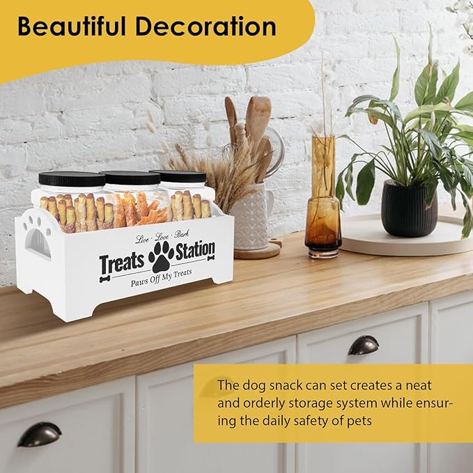 KarHoeGern Dog Treat Container for Countertop Dog Food Storage with 3 Plastic Treat Jars Wood Dog Food Container with Handles and Lids Farmhouse Practical Pet Cat Dog Treat Storage Containers (white)