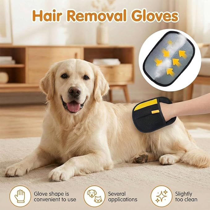 Electrostatic Pet Hair Removal Gloves for Cats & Dogs–Upgraded Reusable Magic Brush Tool for Quick Wiping on Couch, Carpet, Laundry, Car Seat & Pet Beds(3PC-Yellow