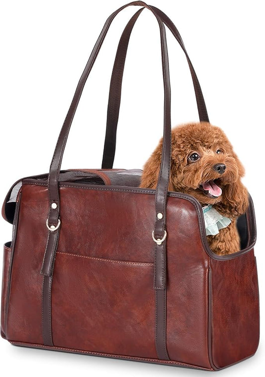 Lasaviin Dog Carrier Purse, Fashion Leather Pet Carrier with Pockets, Airline Approved Soft Sided Dog Carrying Bag for Puppy Cat Dog Coffee