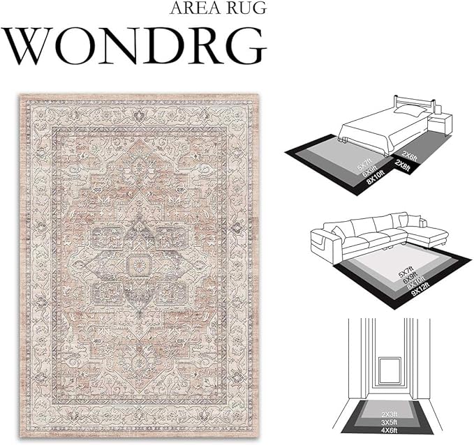 9x12 Washable Vintage Area Rug Coral Oriental Living Room Bedroom Throw Rug Neutral Non Slip Soft Low Pile Carpet for Dining Room Office Nursery Indoor