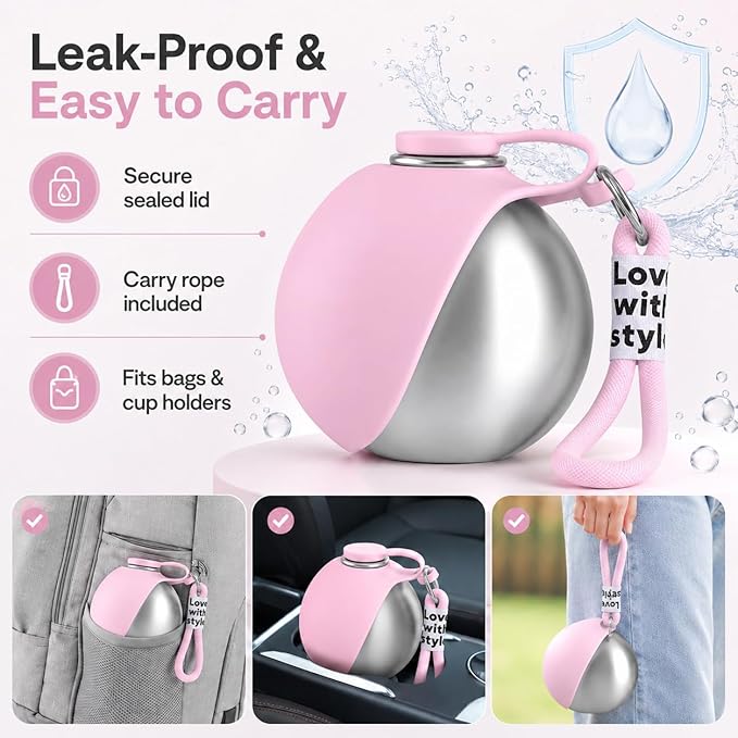 Portable Dog Water Bottle, 10 oz Stainless Steel Pet Travel Dispenser with Silicone Foldable Bowl, Leak Proof Tumbler, Dog Walking Accessories for Hiking and Small Pets (Pink)