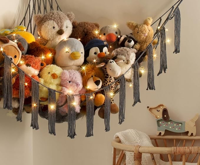 RelaxScene Stuffed Animal Storage Hammock Corner X-Large with LED Light - Baby Hammock Hanging Holder Plushies Net for Stuff Animals Organizer - Cute Room Decor Aesthetic Kids Toddler Nursery Bedroom