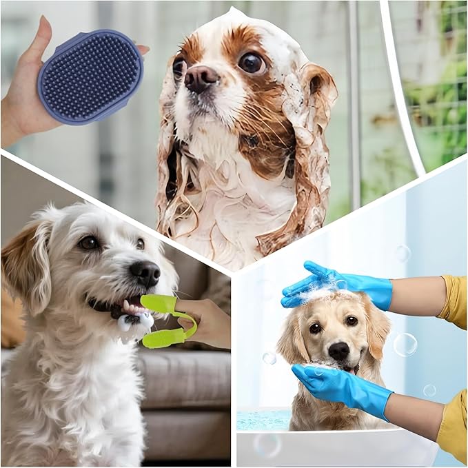 4-in-1 Dog Bath Towel & Grooming Kit, 30 × 12.6 in Ultra Absorbent Microfiber Dog Bath Towel with Hand Pockets, Silicone Bath Gloves, Finger Toothbrush, and Handheld Deshedding Brush for Dogs & Cats