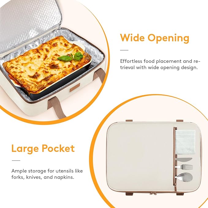 Lifewit LUNCIA Double Decker Insulated Casserole Carrier for Hot or Cold Food, Lasagna Lugger Tote for Potluck Parties/Picnic/Cookouts, Fits 9"×13" Baking Dish, Cream