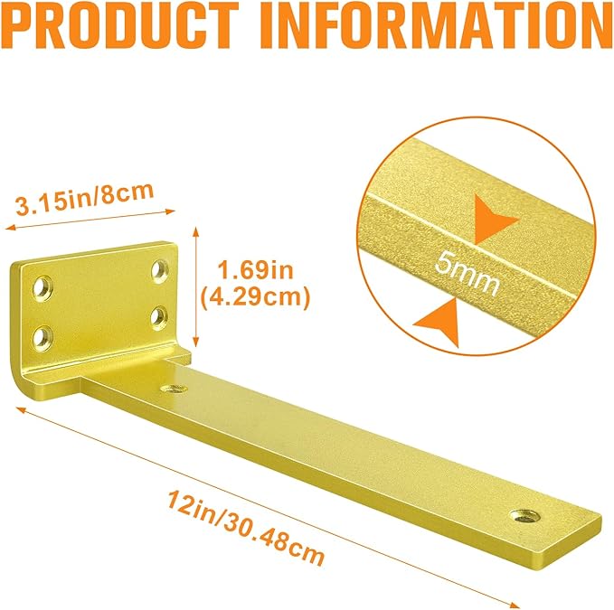 Floating Shelf Brackets 12 inch 8 Pack L Brackets for Shelves Gold Metal Heavy Duty Shelf Bracket for DIY Decorative with Mounting Hardware