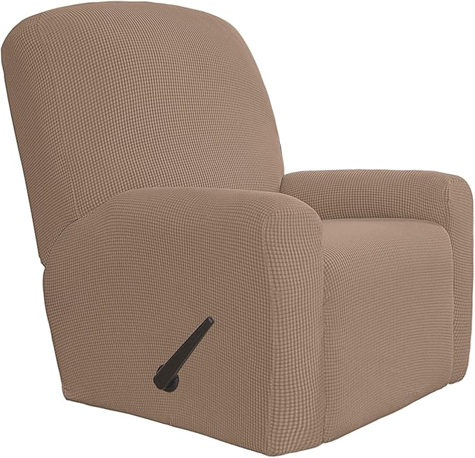 Easy-Going 4 Pieces Oversized Recliner Stretch Sofa Slipcover Sofa Cover Furniture Protector Couch Soft with Elastic Bottom Polyester Spandex Jacquard Fabric Small Checks Camel,X-Large