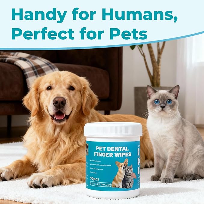 Falatong Pet Teeth Cleaning Finger Wipes for Cats and Dogs, Unscented Tartar Control with Tea Polyphenol, Fresh Breath, 50 Count