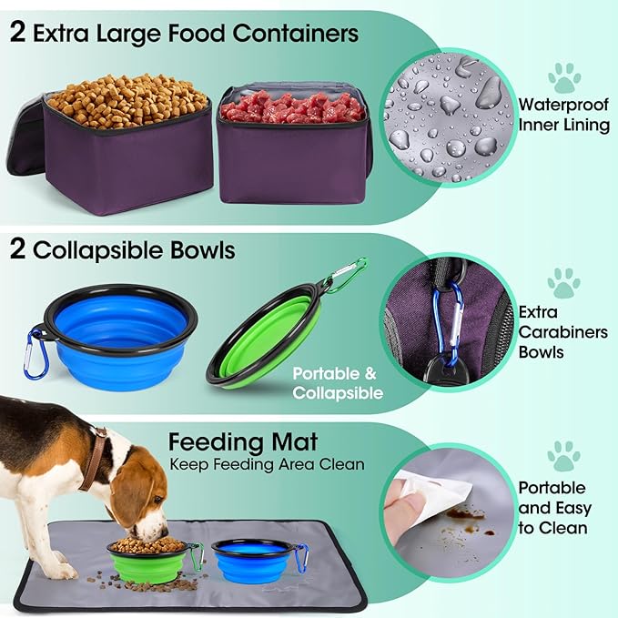 IGOLUMON Dog Travel Bag Large Pet Travel Bags Set for Supplies Weekend Travel Kit Tote Organizer Multi-Pockets Dog Food Travel Bag with 2 Large Food Containers, 2 Dog Bowls, 1 Feeding Mat, Purple