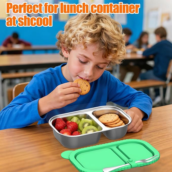 Stainless Steel Snack Containers with Silicone Lids, 4 Pack Reusable 2 Compartment Food Storage Containers, Snackle Box Container Leak-Proof Metal Bento Lunch Box for School, Travel, Home