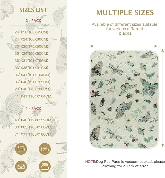 IEUUMLER Washable Pee Pads for Dogs, 2 Pack Insect Pattern Reusable Waterproof Puppy Potty Pads, Non-Slip Absorbent Pet Training Pads for Playpen Crate Bed EU014