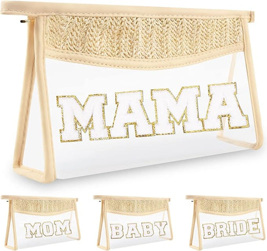 Boho Clear Makeup Letter Patch Makeup Bag MAMA Pouch, Clear Toiletry Bag Travel Small Cute Preppy Letter Cosmetic Zipper Purse, Transparent PVC Waterproof Diaper Bag Organizing Pouches for Women(MAMA)