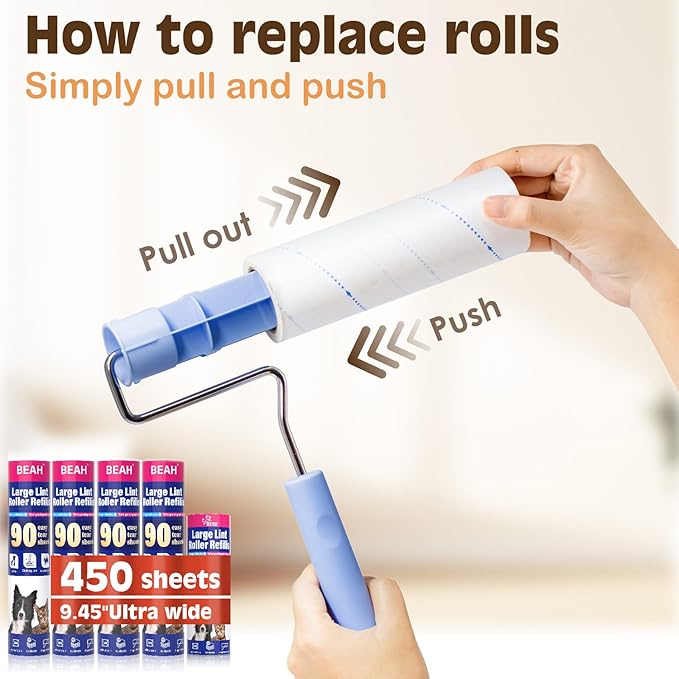 Large Lint Roller for Pet Hair Extra Sticky,9.45''/6.3"Pet Hair Removal Tool Roller for Dog Cat Hair,450 Sheets/5 Refills,Detachable Telescoping Extension Lint Remover Brush for Clothes,Couch,Carpets