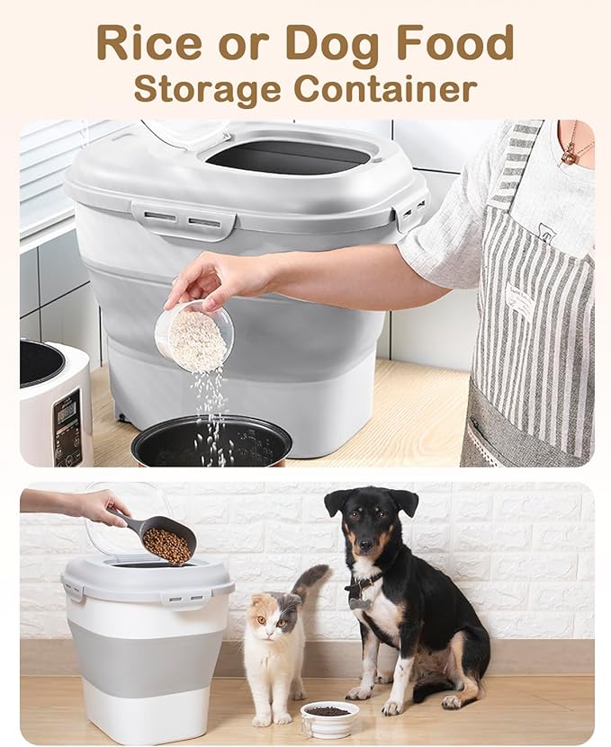 DDMOMMY 20-50 Lbs Food Storage Container With Wheel, Airtight Locking Lid, Collapsible Rice Container, Flour Storage With Small Container and Scoop, Suitable for Pet Food