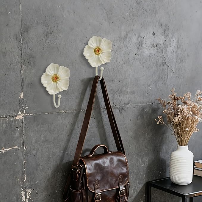 Guichifun Flower Coat Hooks Wall Decor - 2pcs Resin White Decorative Wall Hooks for Hanging Clothes Coats Towels Keys Bags Hats Bathroom Home Decoration Gift 4.3 x 2.2 x 6 Inch