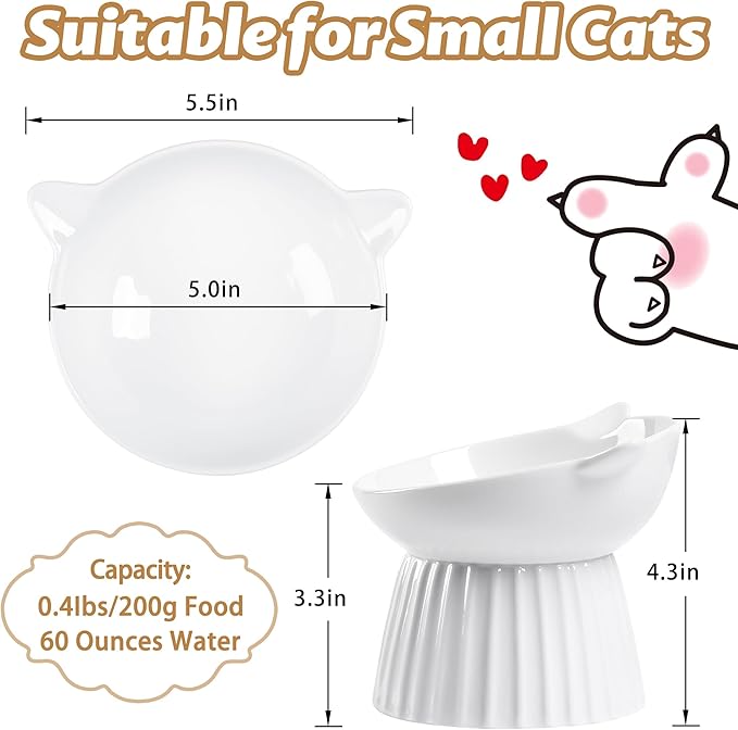 Wellbro Ceramic Raised Cat Bowl，Tilted Raised Cat Bowl Anti Vomit Cat Bowls for Indoor Cats Whisker Friendly Pet Feeder for Cats Puppies, Microwave and Dishwasher Safe
