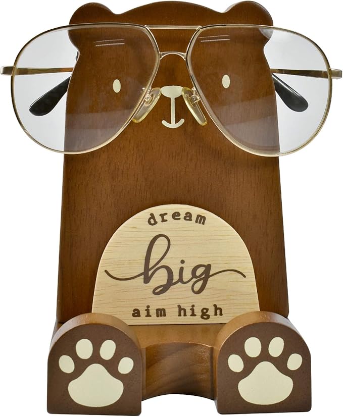 I'm Wood Multipurpose Eyeglass Phone Pen & Pencil Holder Stand Stationery Desk Box Organizer Accessories, Home Office Desktop Decor Birthday Graduation Gifts “Dream Big Aim High”(Bear)