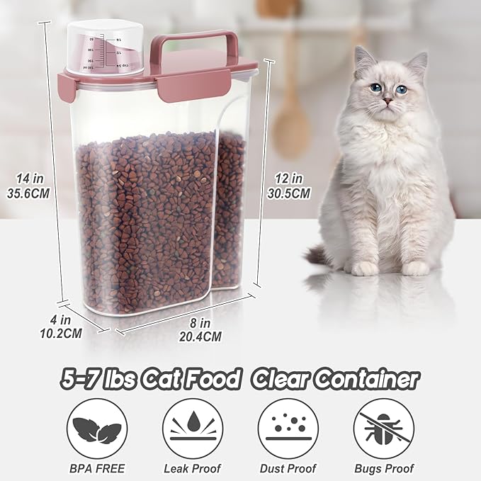 LEAWALK 5-7Lbs Cat Dog Storage Container, Portable Pet Food Containers with Upgraded Large Spout and Cup, Small Animal Kibble Dispenser for Bird Seed, Oatmeal, Rice, Flour (1, Pink, 5L)