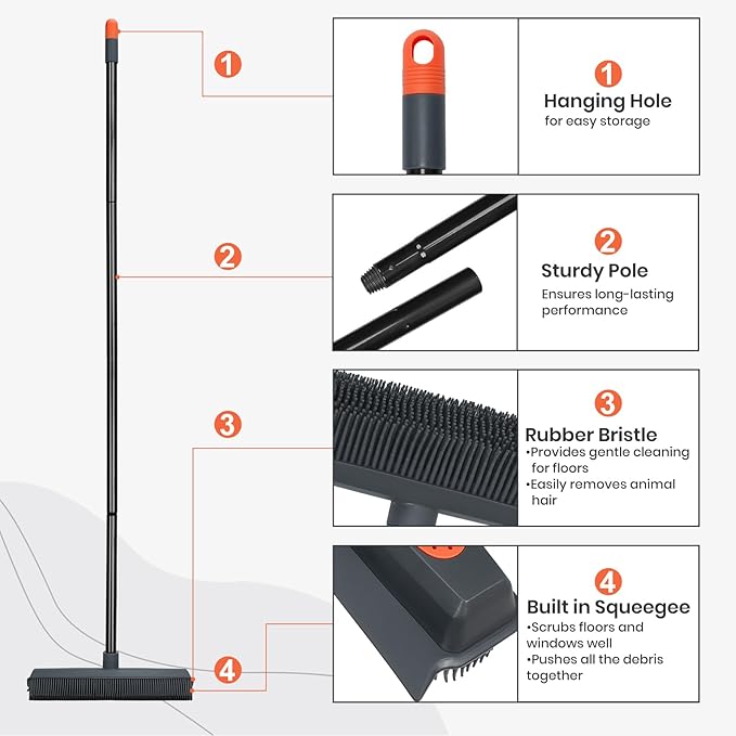 MAVRIZ Rubber Broom Carpet Rake for Pet Hair Removal - Fur Remover Broom with Squeegee for Carpet, Hardwood Floor, Tile