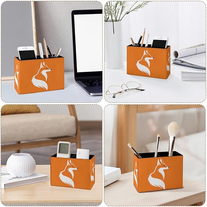 Famame Simple Shape Fox Pencil Holder for Desk, Leather Desktop Container Pen Cup Storage Study Table Pen Organizer Makeup Brush Holder for Classroom Office Home