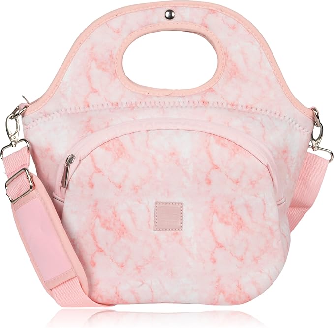 Made Easy Kit Large Insulated Lunch Tote Bag – Stylish Neoprene Carrier Foil Lining, Front Zipper Pocket & Shoulder Strap – Machine Washable, Lightweight, Travel Ready (Pink Marble)