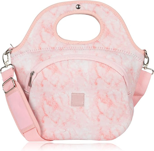 Made Easy Kit Large Insulated Lunch Tote Bag – Stylish Neoprene Carrier Foil Lining, Front Zipper Pocket & Shoulder Strap – Machine Washable, Lightweight, Travel Ready (Pink Marble)