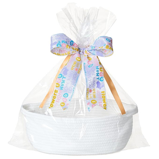 Small Woven Gift Basket Empty with Bag & Ribbon - Gifts for Mom, Baby Shower, Birthdays & Raffle - Cotton Rope Storage Basket for Dog Toys or Shelf - 12"x8"x5", White/Easter Ribbon