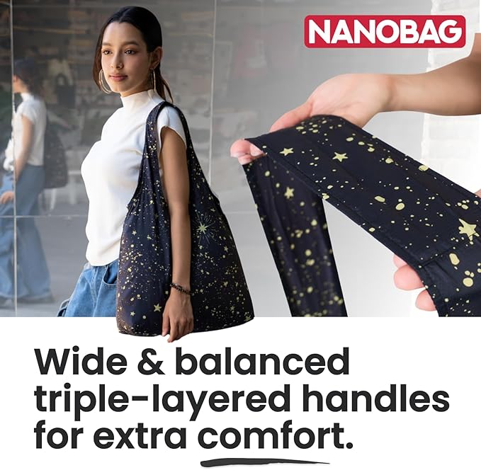 Nanobag Ultra-Lightweight Foldable Sling for Women & Men, Reusable Grocery & Travel Bag, Packable Collapsible Compact Market Crossbody (Sling Stars)