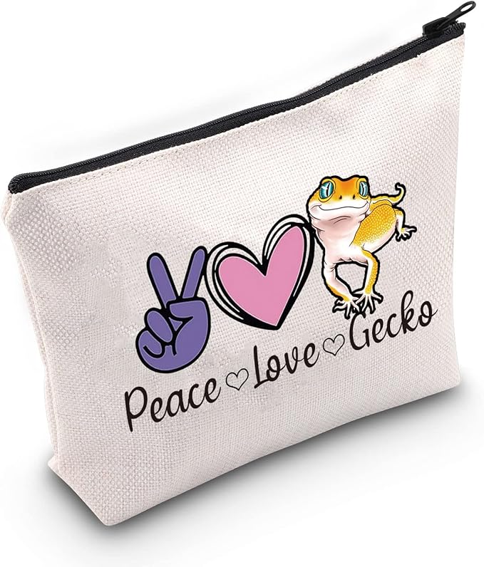 G2TUP Leopard Gecko Lover Gift Peace Love Gecko Makeup Bag Pet Lizard Lover Cosmetic Bag Reptile Gecko Owner Gift Travel Bag with Zipper (Peace Love Gecko White Bag)
