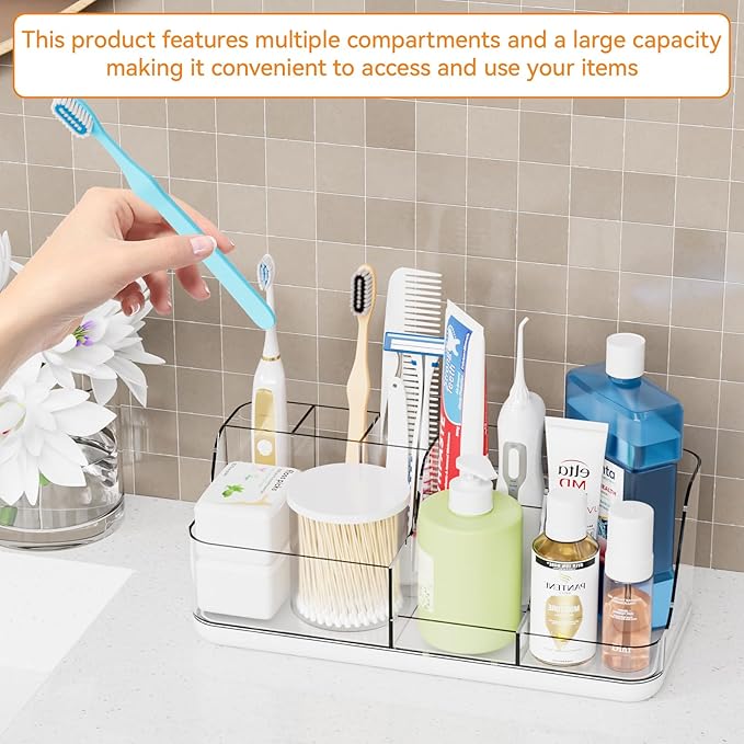 Yieach Mens Bathroom Organizer Countertop,Bathroom Sink Caddy Countertop Storage,White 7 Slot Vanity Bathroom Toiletry Organizers and Toothbrush Holders for Toothpaste,Electric Tooth Brush Organizer