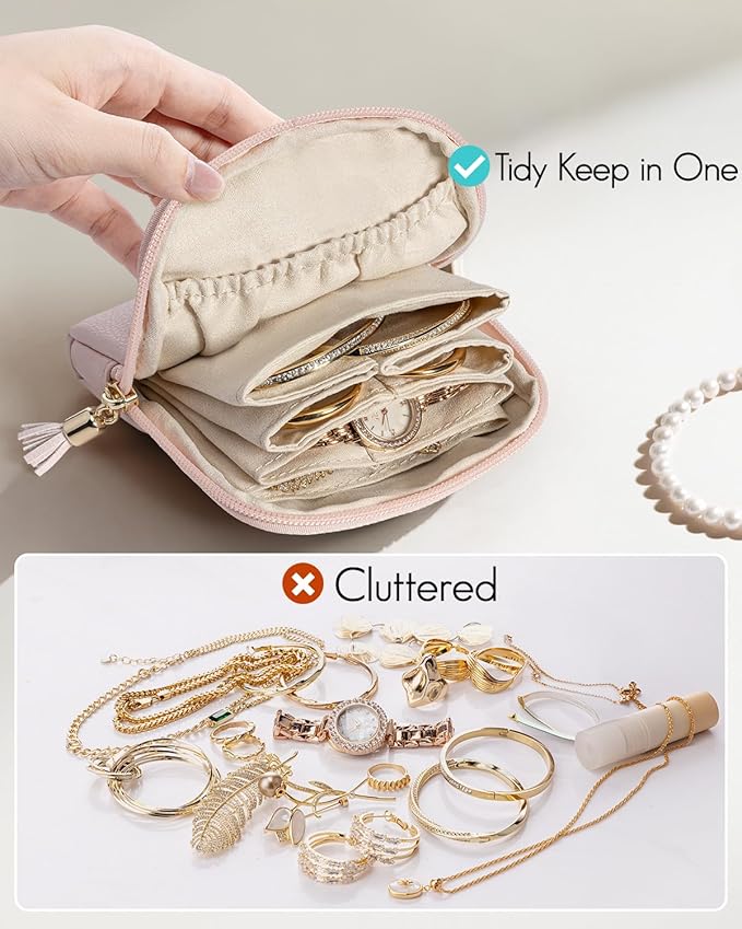Vlando Small Jewelry Travel Case,Jewelry Pouch Bags with Zipper,Velvet Jewelry Organizer Storage Bag for Bracelet Rings Earring Travel Essentials Gifts for Women Girl-Pearl Pink