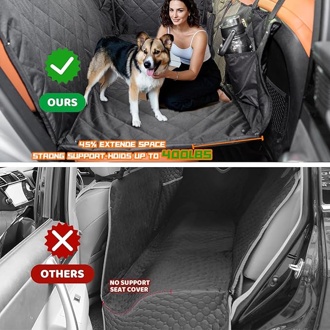 ISAGAPOY Back Seat Extender for Dogs - Large Space, Hard Bottom Pet Car Seat Cover (Holds 400lbs) with Removable Soft Blankets & Travel Portable Dog Bowl, Waterproof Dog Hammock for Trucks