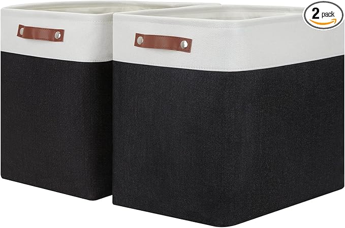 HNZIGE Baskets Shelf Baskets for Clothes 2 Pack Large Storage Bins Fabric Baskets for Organizing, Collapsible Rectangular Canvas Linen Storage Basket with Handles for Storage Closet (White&Black)