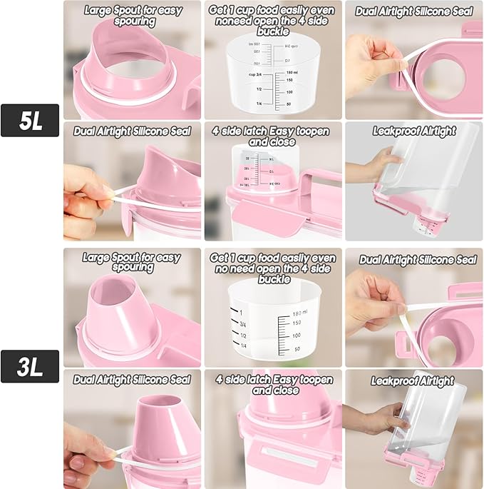 LEAWALK 3+5Lbs 2Pack Small Cat Dog Food Storage Containers BPA Free, Airtight Pet Food Storage Containers with Large Pour Spout/1 Measuring Cup/ 4 Safety Locks and Double-Layer Silicone Strip (Pink)