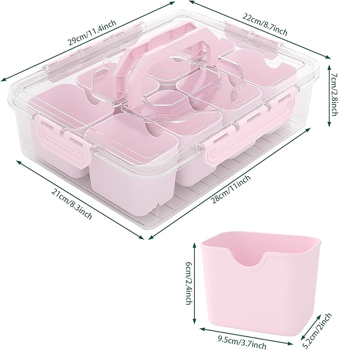 REBECAT Divided Serving Tray with Lid and Handles 8 Compartments Snack Box Container Charcuterie Organizer Snackle Box Container for Candy,Nuts，Fruits,Snacks,3 Pack,Pink