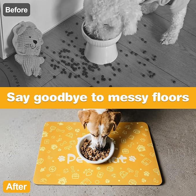 Pet Feeding Mat,Dog Cat Mat for Food and Water,Dog Bowl Waterproof Placemat with Rubber Backing,Absorbent Quick Dry Water Dispenser Mat for Pet（Orange 17"×29"）