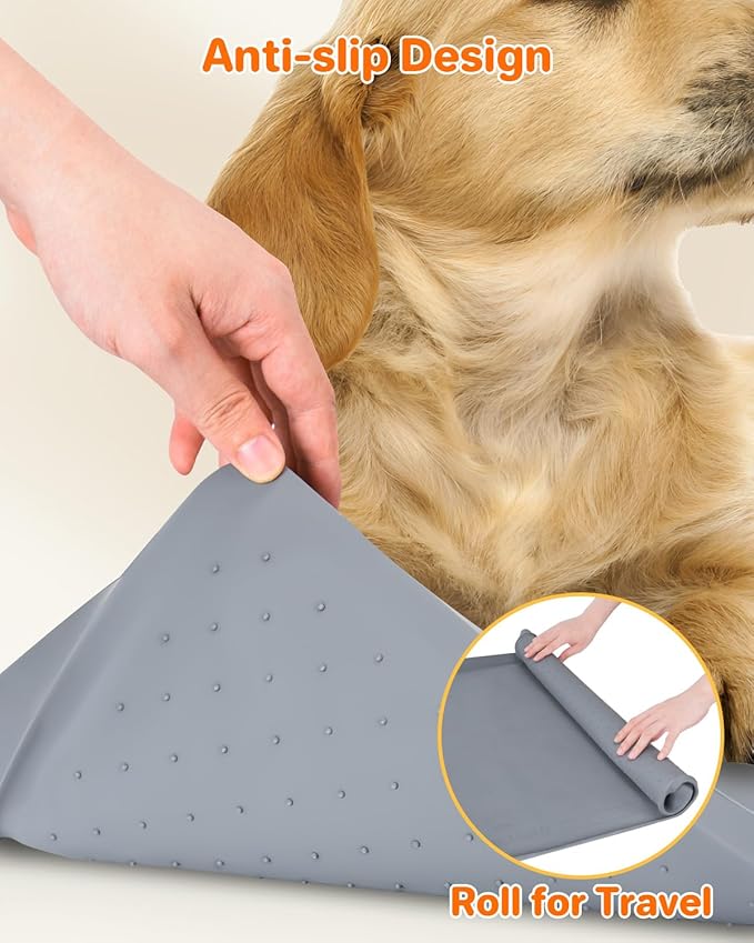 Aisslro Pet Feeding Mat, 27”x27” Absorbent Pet Placemat for Food and Water Bowl, Non-Slip Silicone, Leak-Proof Floor Protection for Quick Dry Water Dispenser Mat for Dog and Cat, Grey