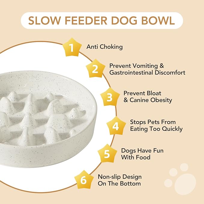 Ceramic 1.6 Cup Dog Bowl Slow Feeder for Fast Eaters, 8.2inch Slow Pet Food Dish for Medium and Large Dog, Stop Bloat, Preventing Choking(Single Bowl, Vanilla White)
