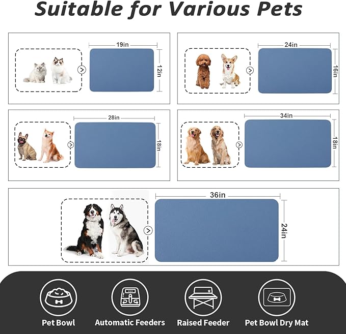 Dog Food Mat - Absorbent Cat Mat for Food and Water, No Stains Pet Feeding Bowl Mat, Easy to Clean Pet Placemats, Quick Dry Dog Water Dispenser Mat for Messy Drinkers | Blue 18"x28"