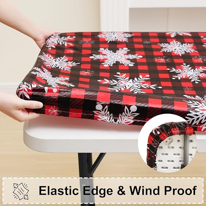 misaya Rectangle Vinyl Tablecloth, Fitted Table Cover, Waterproof, Elastic Edge, Flannel Backing, Plastic Table Cloth Fit 6 Foot Folding Tables for Christmas Dinner (Buffalo Snowflakes, 30x72 inch)