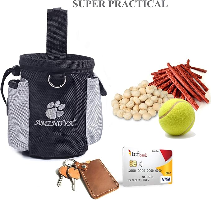 AMZNOVA Dog Treat Bag Treatnow Dog Treat Pouch, Training Pouch with Waist Belt & Clicker for Training & Walking, Waist Clip On Snack Fanny Pack for Pet, 3Cups, Black