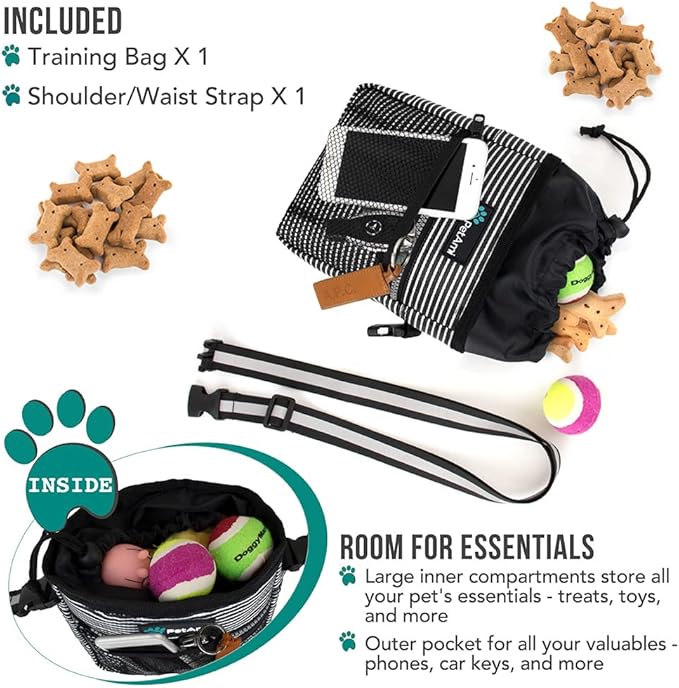 PetAmi Dog Treat Pouch, Pet Treat Pouch for Training, Dog Walking Bag Holder for Kibbles, Pet Food Toy, Dog Trainer Essentials Supplies, Poop Bag Dispenser, 3 Ways to Wear (Black Stripes)