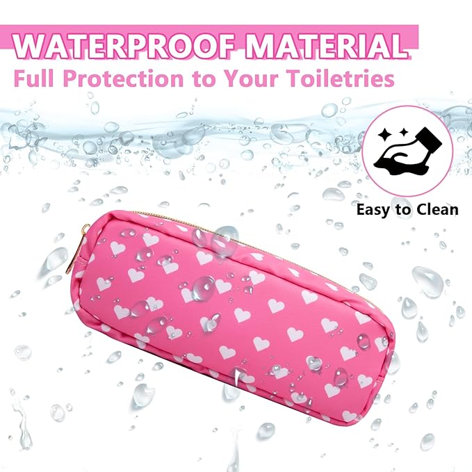 Small Pencil Case Makeup Bag for Purse, Cute Pencil Pouch Preppy Nylon Makeup Brush Bag with Zipper , Girls Portable Stationery Storage Case Small Pen Bag for Office School College(Slim-Pink Heart)