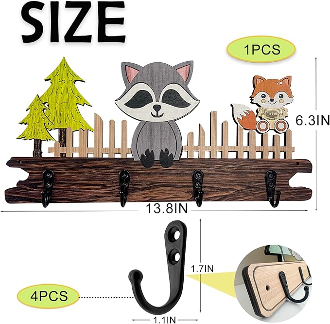 Midrean Dog Leash Holder for Wall Mount, Farmhouse Wooden Dog Claw Hooks, Paws Key Rack Accessories for Rustic Home Decor (Raccoon)