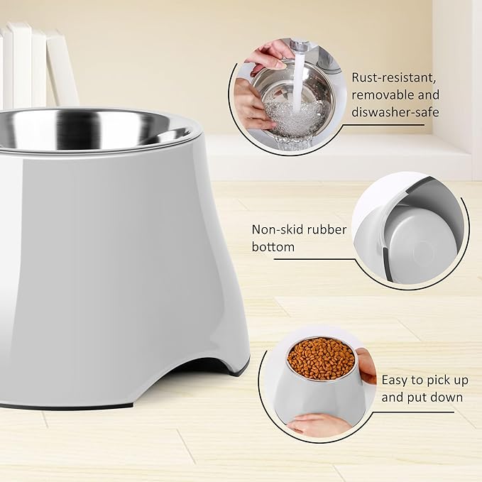 Dog Bowls,Cone Friendly Non Slip Single Dog Bowl with Stainless Steel Inner, Raised Bowls for Small Dogs Spaniel Dogs Long Ear, High Capacity, M/2 Cup Gray